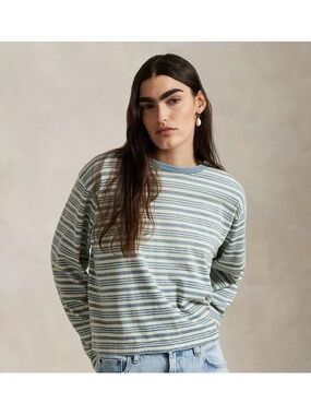 ISO Polo by Ralph Lauren Blue and Cream Striped Long-Sleeve Top XS OR SMALL